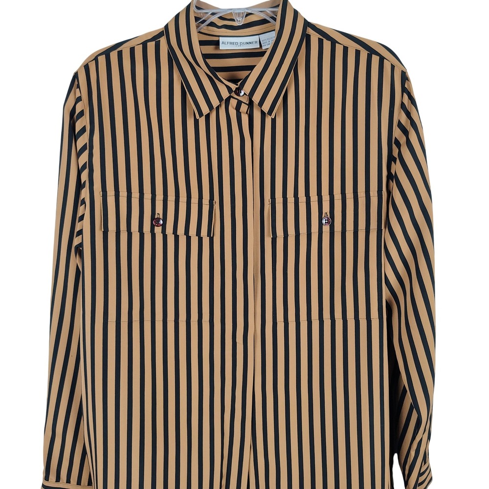 NWT Alfred Dunner Womens SZ 14 Striped Button Down Tan Black Dark Academia